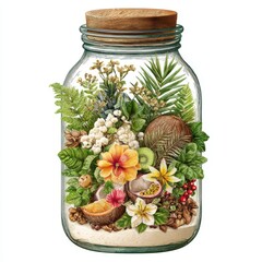 Glass Jar of Tropical Fruits, Flowers and Greenery