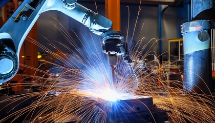 robotic arm welding metal with sparks flying in factory