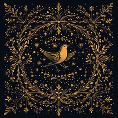 Decorative bird design, floral frame, dark background.  Possible use Print, wallpaper,  or digital art