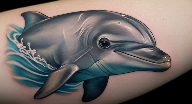 Realistic dolphin tattoo design on skin featuring intricate shading and aquatic details creates a marine animal body art