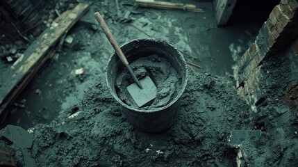 Construction site debris with mixing bucket and trowel