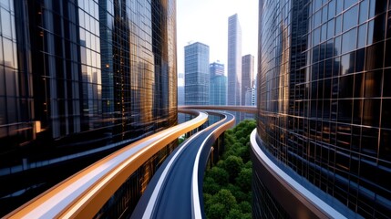 Digital expressway winding through towering binary blocks, machine learning theme