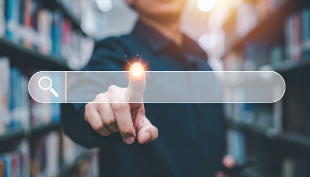 Person interacting with a digital search bar while standing in a library filled with shelves and books