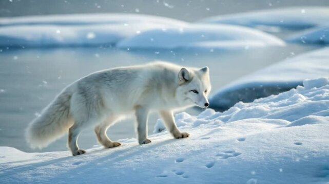 An Arctic fox walks on snow near water, possibly with another Vulpini, in a snowy landscape.