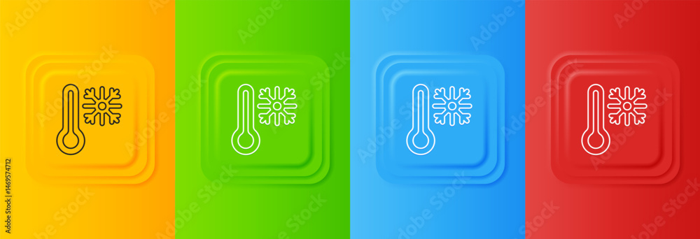 Poster white thermometer with snowflake icon isolated on colorful background. set icons in square buttons. 