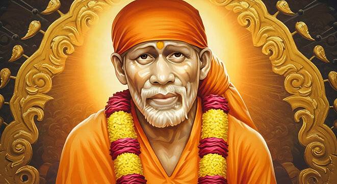 Sai Baba of Shirdi portrait with spiritual aura and golden ornamental frame for religious devotion and peaceful meditation