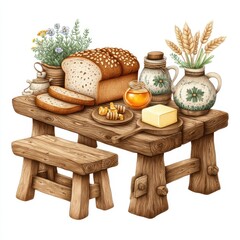 Rustic Watercolor Still Life  Wooden Table with Bread, Honey, and Wildflowers