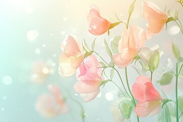 Delicate pastel flowers in soft light, a dreamy floral display.