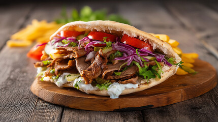 Leckerer Döner Kebab im Fladenbrot mit frischem Gemüse, Kräutersoße und Pommes – Nahaufnahme eines klassischen türkischen Fastfoods, perfekt angerichtet auf rustikalem Holztisch