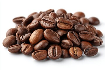 Naklejka premium Freshly Roasted Coffee Beans Pile on White Background for Coffee Lovers