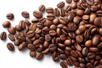 Obraz premium Rich Brown Coffee Beans Piled on White Background for Brewing