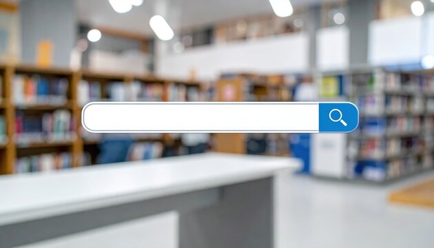Search bar in a modern library with blurred bookshelves in the background, demonstrating a digital interface for research and learning