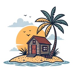 Paradise Island: The scene depicts a sun-drenched island getaway with a rustic beach house and a towering palm tree, inviting a sense of relaxation and escape. 