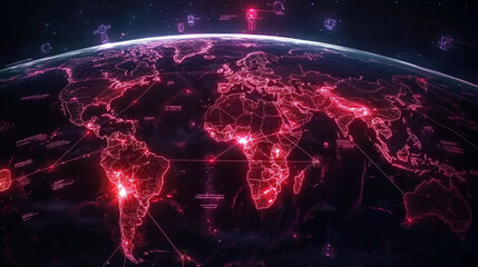 Futuristic World Map With Glowing Supply Chains, Cargo Hubs, and Satellite-Linked Data Networks