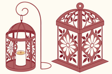 105 decorative red metal lantern, intricate floral cutout pattern, glass candle holder, hanging ornament, festive holiday decor, old world traditional style, moroccan or indian inspired, wrought iron 