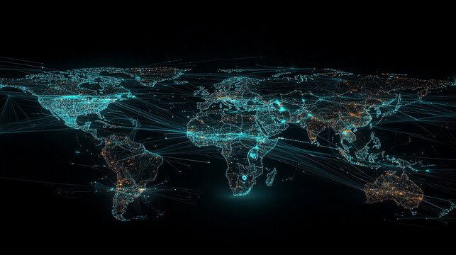 Futuristic World Map With Glowing Supply Chains, Cargo Hubs, and Satellite-Linked Data Networks
