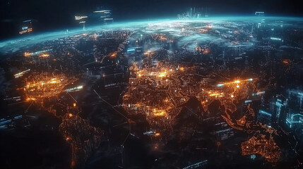 Futuristic World Map With Glowing Supply Chains, Cargo Hubs, and Satellite-Linked Data Networks