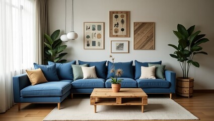 Modern Corner with Blue Sofa Wide Window and Wooden Coffee Table