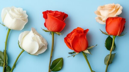 Obraz premium Elegant red and white roses arranged in seamless pattern over soft light blue backdrop