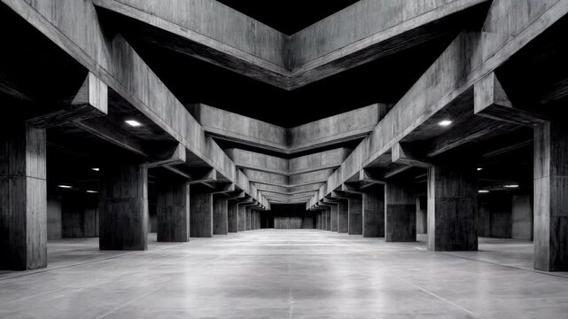 Flying Through Brutalist Concrete Interior Hall