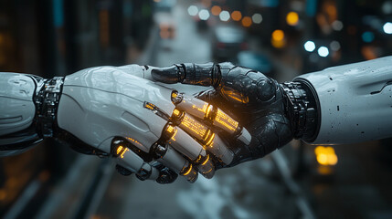 Humanoid Robot and Businessperson Finalize Holographic Contract in Futuristic High-Rise Office