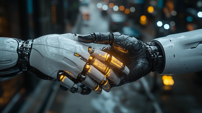 Humanoid Robot and Businessperson Finalize Holographic Contract in Futuristic High-Rise Office