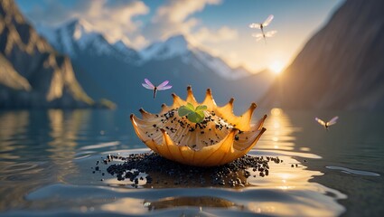 Floating Seed Pod in Water with Mountain Backdrop and Dragonflies