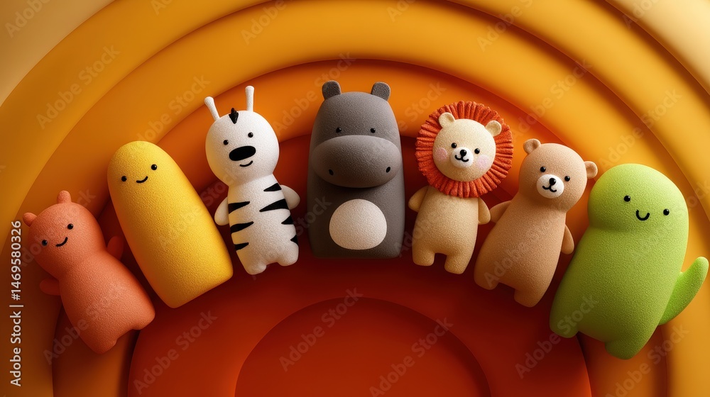 Poster playful arrangement of diverse stuffed animals in a semicircle formation on a soft surface for joyfu