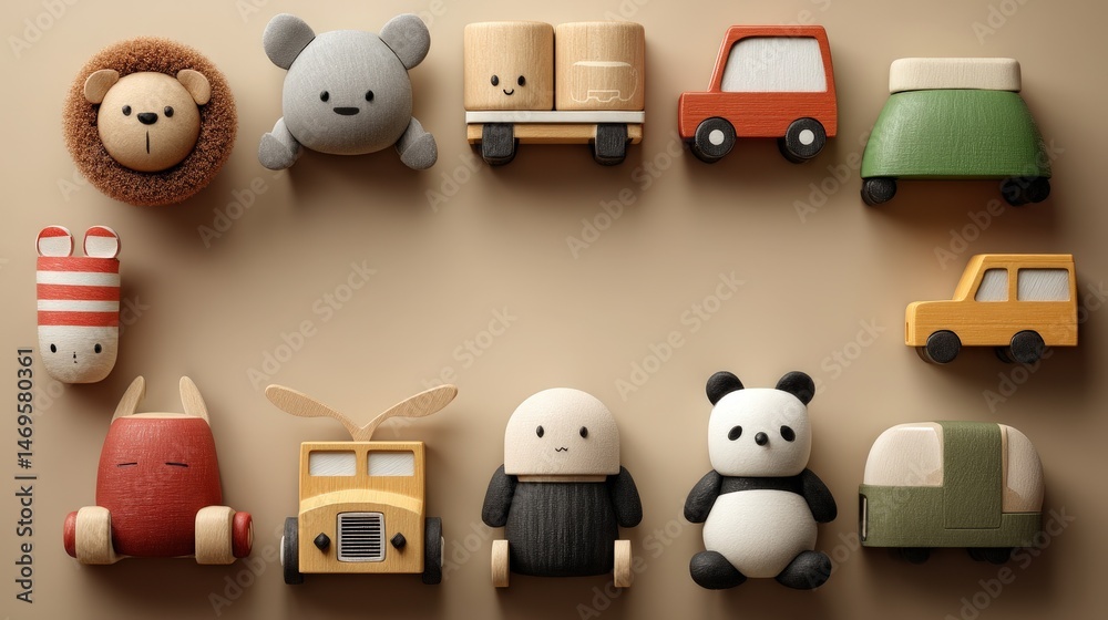 Poster Engaging group of unique wooden toys displayed in a semicircle arrangement on a light background for imaginative play