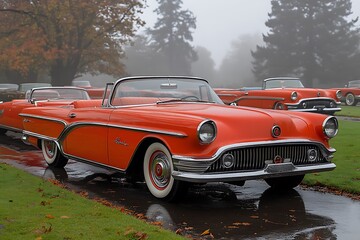 Vintage convertible automobile in a misty setting.