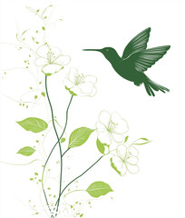 Fototapeta premium Black and white vector illustration of a hummingbird flying above black flowers.