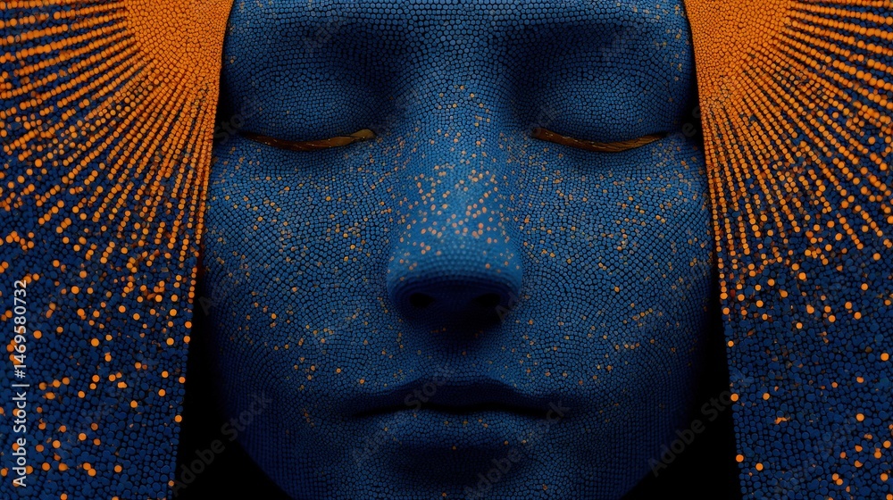 Aufkleber woman's face adorned with striking blue and orange patterns in a glowing digital art style on a flat