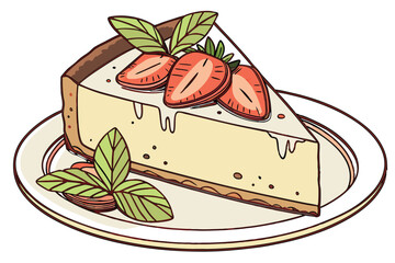 106 a creamy smooth cheesecake slice on a plate, decorated with fresh strawberry slices and mint leaves, delicately plated, high-quality food photography