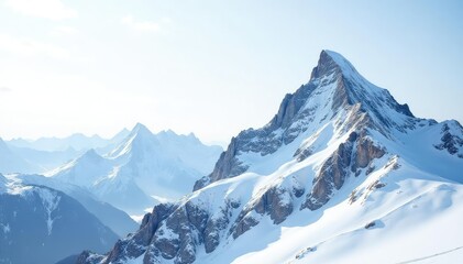 Fototapeta premium Snow-covered mountain peak against bright white sky, high-resolution, crystal, bright