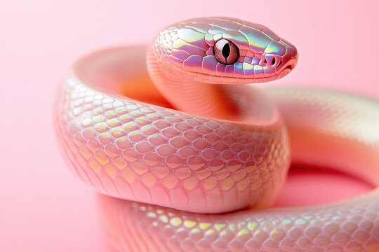 Brightly colored coiled snake slithering on a vibrant pink background
