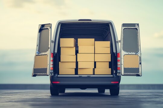 Delivery van loaded with packages parked at a loading area during sunset