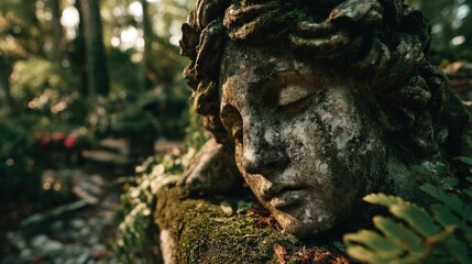 Serene garden statue of a majestic figure surrounded by lush greenery and soft dappled light in the woods