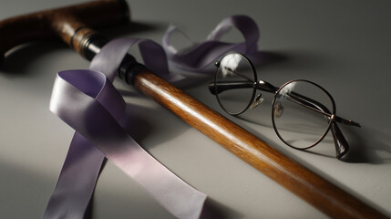Walking cane and eyeglasses were placed on table beside a purple ribbon to symbolize dignity, awareness, and support for elder care. Social awareness concept
