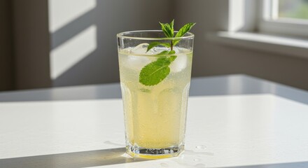 Glass of refreshing drink with ice and mint on a white surface.