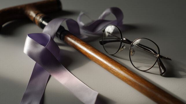 Walking cane and eyeglasses were placed on table beside a purple ribbon to symbolize dignity, awareness, and support for elder care. Social awareness concept