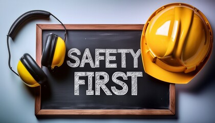 a close up shot of a chalkboard with safety first freshly written with a well used yellow hard hat and safety earmuffs hanging on the edge of the board symbolizing preparedness