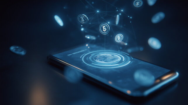 Smartphone screen displaying holographic cryptocurrency icons in futuristic blue interface with virtual technology. Financial innovation concept
