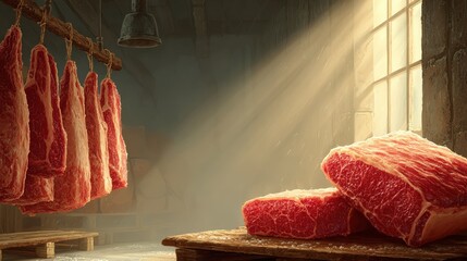 Cuts of meat hanging from a ceiling in a shop displaying the farm-to-factory concept of meat processing and quality