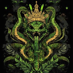 Fototapeta premium Green Serpent King, mystical crown, dark background, fantasy art, t-shirt design