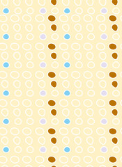 Vertical rows of blue, brown, lilac spots on a light yellow background.