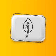 Black Leaf icon isolated on yellow background. Leaves sign. Fresh natural product symbol. Silver rectangle button. Vector