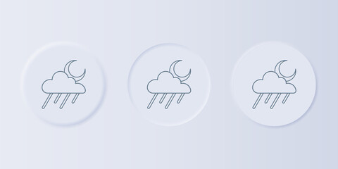 Grey Cloud with rain and moon icon isolated on grey background. Rain cloud precipitation with rain drops. Set icons in square buttons. Vector