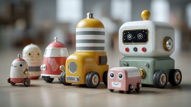 Assortment of wooden toy cars arranged together in a digital rendering of futuristic educational playthings