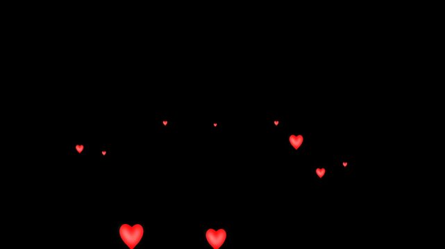 red love flying animation. red love hearts hd dynamic loop video.  red hearts rain down on transparent background. love particle flying cinematic slow motion for valentine day, romance, anniversary.