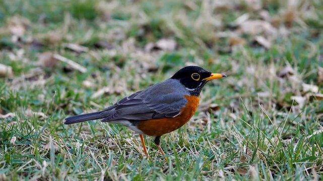 American robin exploring grassland: sideview closeup of bird movement in nature